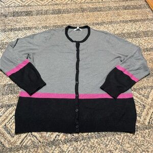 Croft & Barrow Gray Cardigan with Pink and Black Stripes